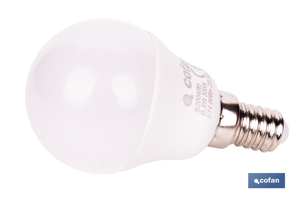 Bombillas LED esférica E14 con rosca fina. Con 6,5 W y 806 lúmenes | Ahorro de energía y larga duración 15.000 h de vida | Disponibles en 2 temperaturas de color - Cofan