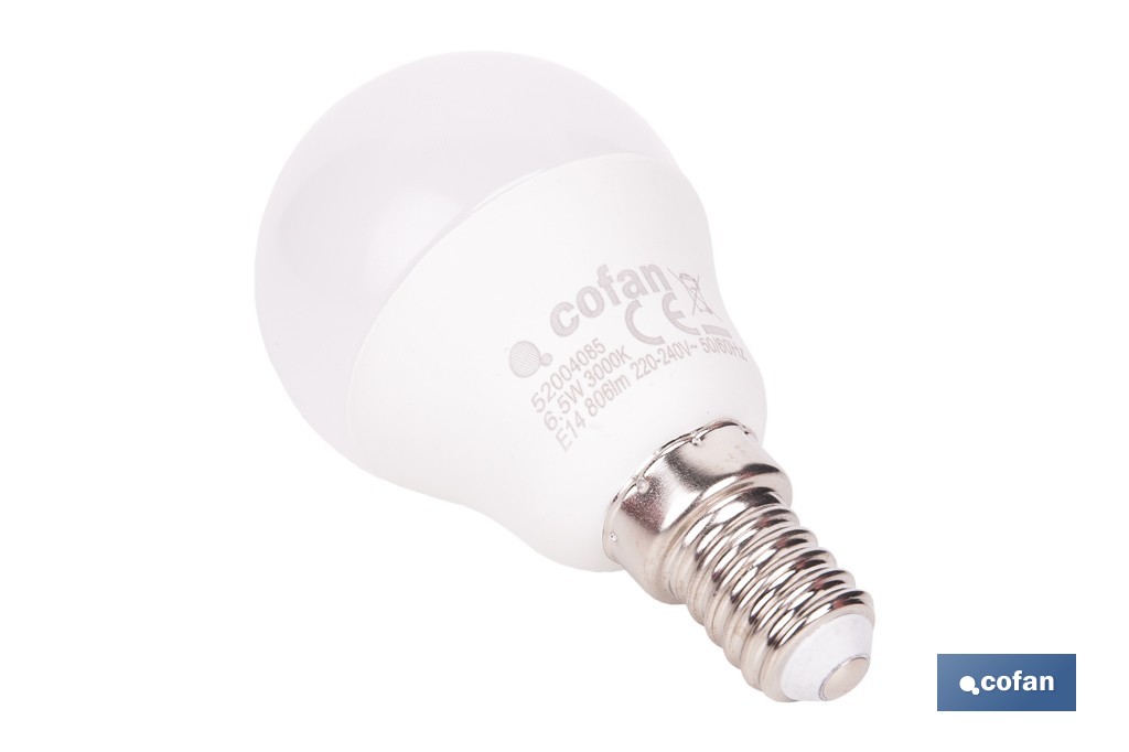 Bombillas LED esférica E14 con rosca fina. Con 6,5 W y 806 lúmenes | Ahorro de energía y larga duración 15.000 h de vida | Disponibles en 2 temperaturas de color - Cofan
