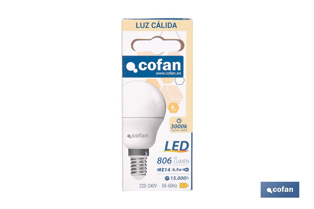 Bombillas LED esférica E14 con rosca fina. Con 6,5 W y 806 lúmenes | Ahorro de energía y larga duración 15.000 h de vida | Disponibles en 2 temperaturas de color - Cofan