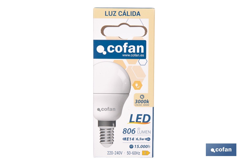 Bombillas LED esférica E14 con rosca fina. Con 6,5 W y 806 lúmenes | Ahorro de energía y larga duración 15.000 h de vida | Disponibles en 2 temperaturas de color - Cofan