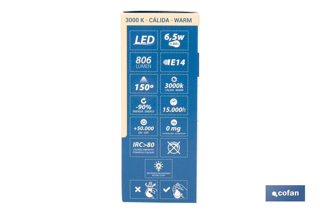 Bombillas LED esférica E14 con rosca fina. Con 6,5 W y 806 lúmenes | Ahorro de energía y larga duración 15.000 h de vida | Disponibles en 2 temperaturas de color - Cofan