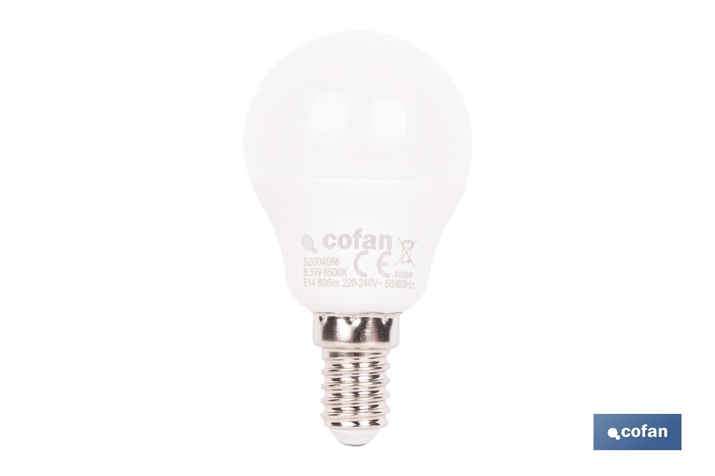 Bombillas LED esférica E14 con rosca fina. Con 6,5 W y 806 lúmenes | Ahorro de energía y larga duración 15.000 h de vida | Disponibles en 2 temperaturas de color - Cofan