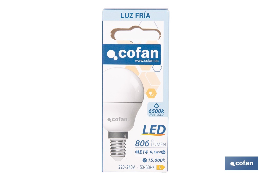 Bombillas LED esférica E14 con rosca fina. Con 6,5 W y 806 lúmenes | Ahorro de energía y larga duración 15.000 h de vida | Disponibles en 2 temperaturas de color - Cofan