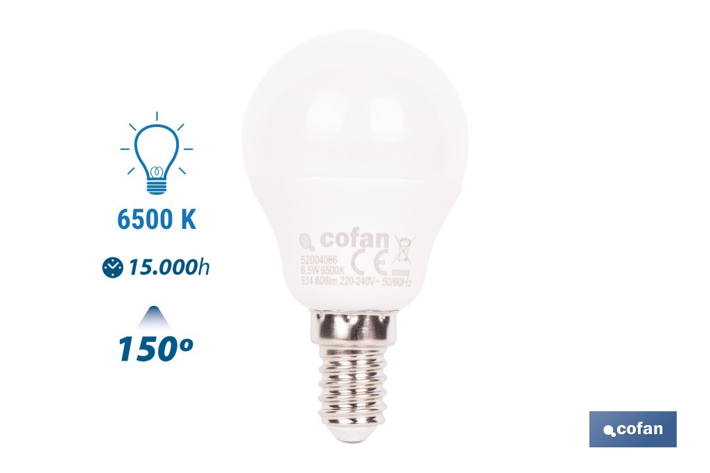 Bombillas LED esférica E14 con rosca fina. Con 6,5 W y 806 lúmenes | Ahorro de energía y larga duración 15.000 h de vida | Disponibles en 2 temperaturas de color - Cofan