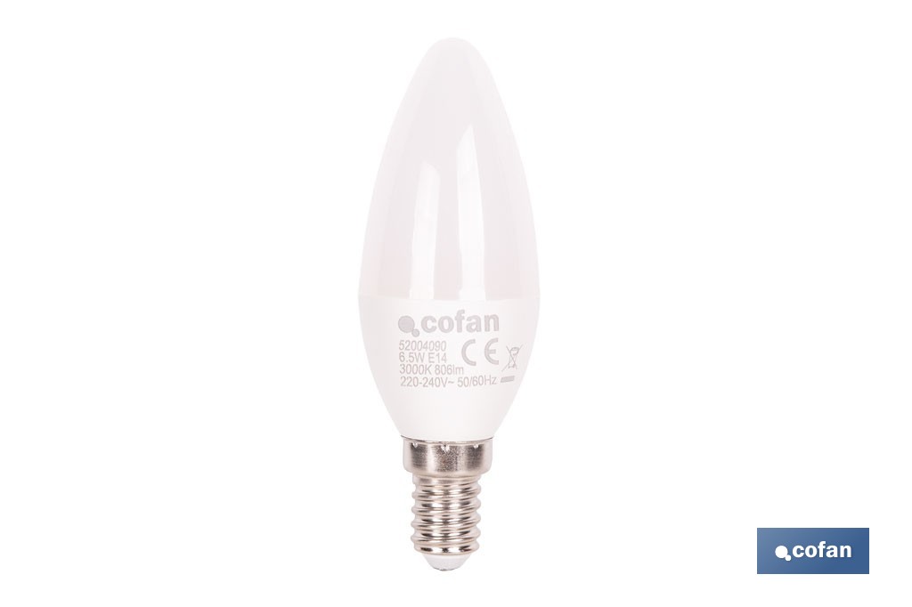 Bombillas LED vela con rosca fina E14, 6,5 W y 806 lúmenes | Ahorro de energía y larga duración 15.000 h de vida | Disponibles en 2 temperaturas de color - Cofan