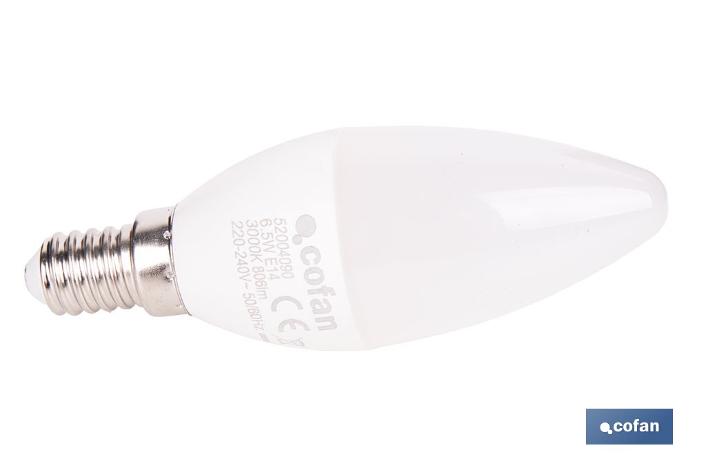 Bombillas LED vela con rosca fina E14, 6,5 W y 806 lúmenes | Ahorro de energía y larga duración 15.000 h de vida | Disponibles en 2 temperaturas de color - Cofan