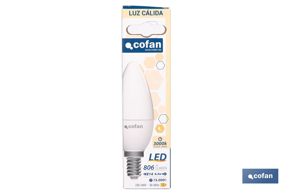 Bombillas LED vela con rosca fina E14, 6,5 W y 806 lúmenes | Ahorro de energía y larga duración 15.000 h de vida | Disponibles en 2 temperaturas de color - Cofan