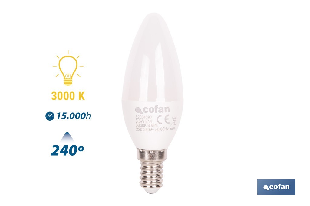 Bombillas LED vela con rosca fina E14, 6,5 W y 806 lúmenes | Ahorro de energía y larga duración 15.000 h de vida | Disponibles en 2 temperaturas de color - Cofan