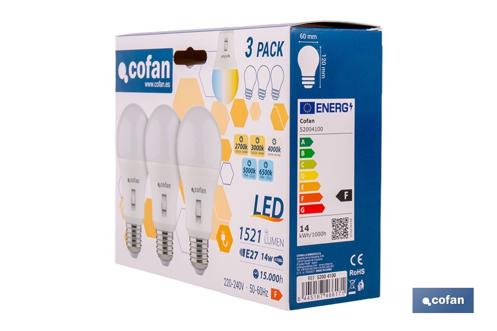 Bombillas LED regulable E27 14 W 1521 lúmenes | 5 CCT regulable, ahorro de energía y larga duración | Pack de 3 bombillas - Cofan