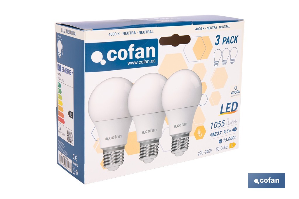 Pack de 3 bombillas LED classic E27 de luz neutra 4000K Potencia 9,5 W y 1055 lúmenes | Ahorro de energía y larga duración 15.000 h de vida - Cofan