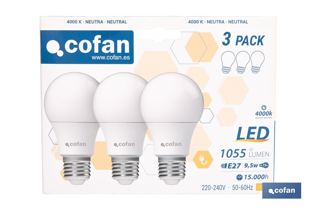 Pack de 3 bombillas LED classic E27 de luz neutra 4000K Potencia 9,5 W y 1055 lúmenes | Ahorro de energía y larga duración 15.000 h de vida - Cofan