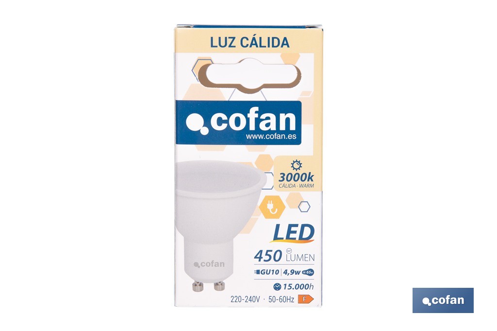 Bombillas LED GU10 de 4,9 W y 450 lúmenes | Ahorro de energía y larga duración 15.000 h de vida | Disponibles en 2 temperaturas de color - Cofan