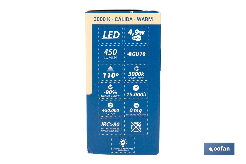 Bombillas LED GU10 de 4,9 W y 450 lúmenes | Ahorro de energía y larga duración 15.000 h de vida | Disponibles en 2 temperaturas de color - Cofan