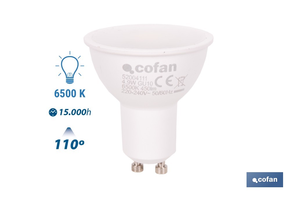 Bombillas LED GU10 de 4,9 W y 450 lúmenes | Ahorro de energía y larga duración 15.000 h de vida | Disponibles en 2 temperaturas de color - Cofan