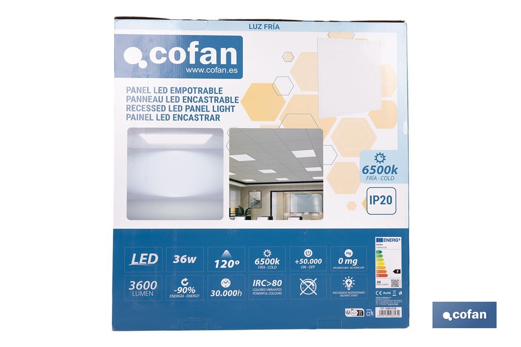 Panel LED empotrable backlight 36 W 3600 lúmenes con luz fría 6500 K | Ahorro de energía y larga duración 30 000 h de vida | Medidas 59,5 x 59,5 cm - Cofan