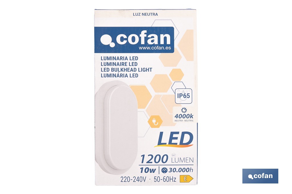 Luminaria LED 10 W 1200 lúmenes con luz neutra 4000 K IP65 | Ahorro de energía y larga duración 30.000 h de vida | Eficiencia energética E - Cofan