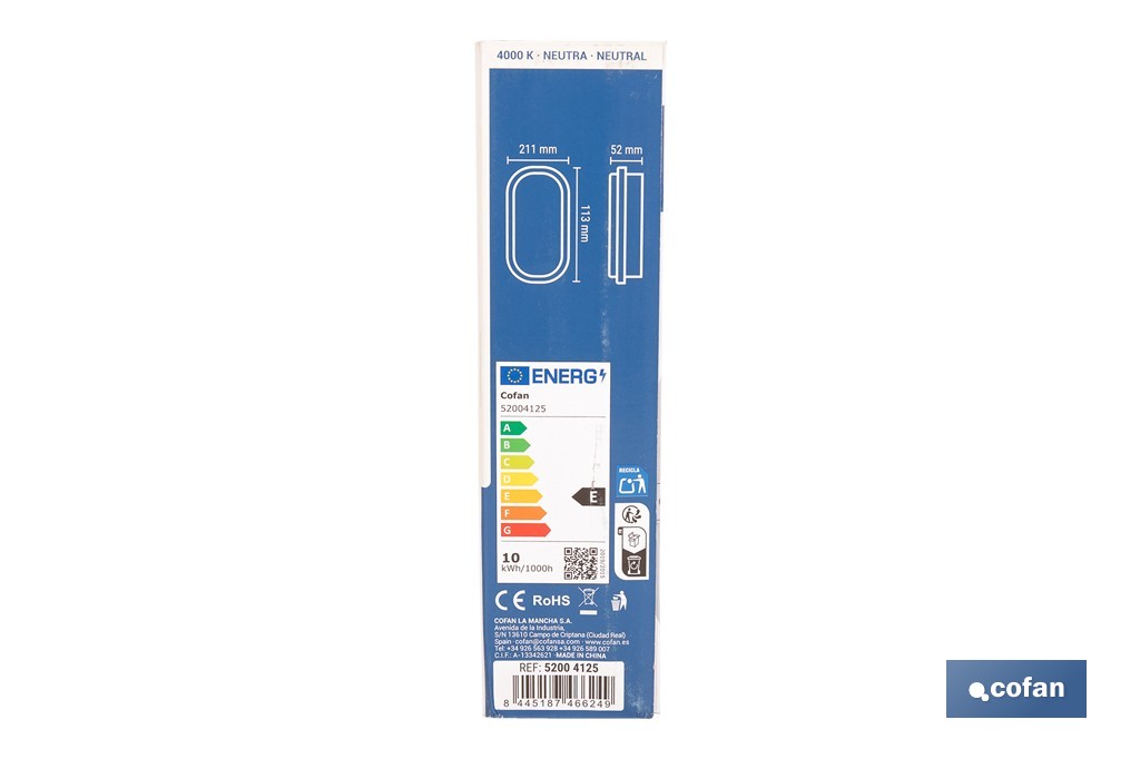Luminaria LED 10 W 1200 lúmenes con luz neutra 4000 K IP65 | Ahorro de energía y larga duración 30.000 h de vida | Eficiencia energética E - Cofan