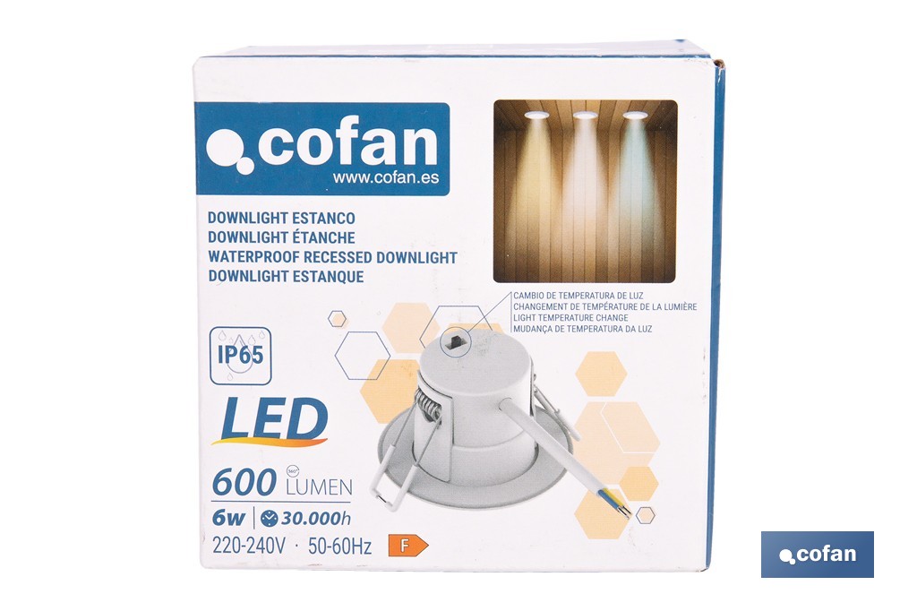 Downlight LED estanco 6 W 600 lúmenes | 3 CCT regulable, ahorro de energía y larga duración | IP65 resistente al agua y polvo - Cofan