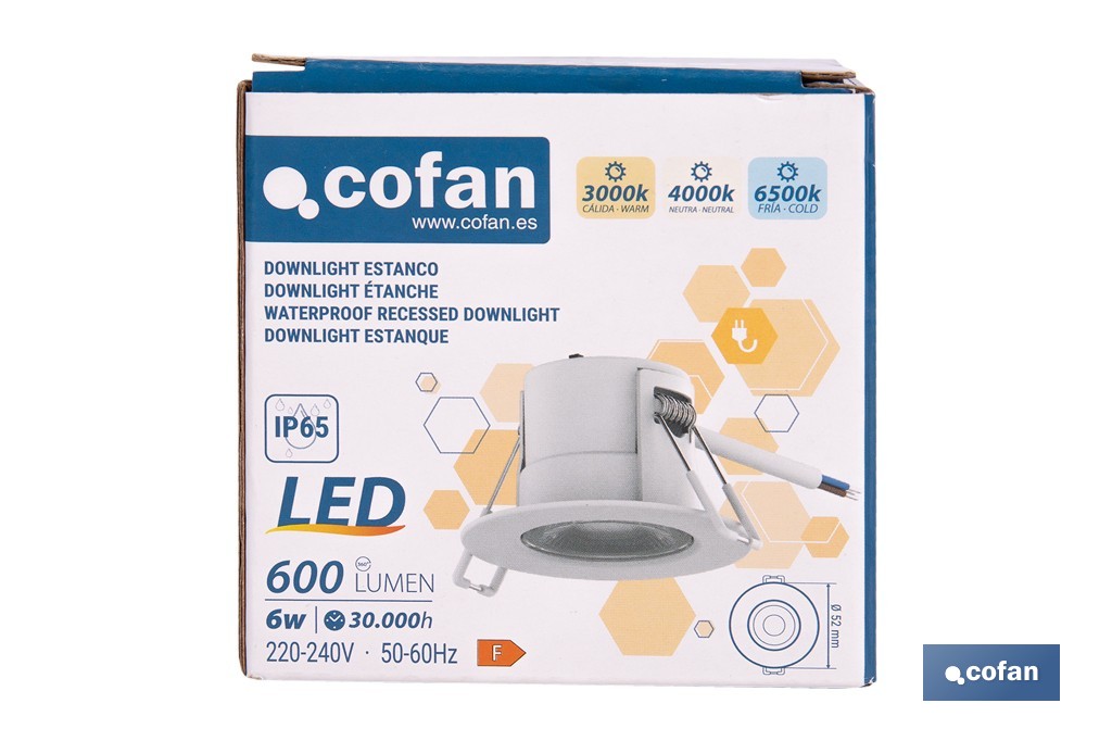 Downlight LED estanco 6 W 600 lúmenes | 3 CCT regulable, ahorro de energía y larga duración | IP65 resistente al agua y polvo - Cofan