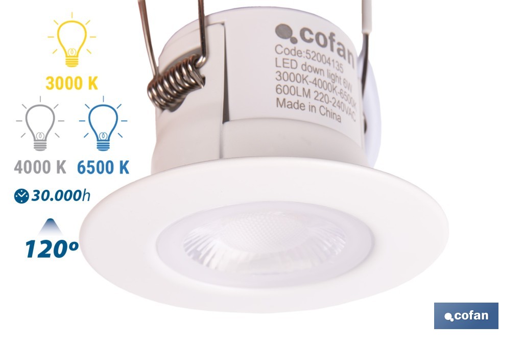 Downlight LED estanco 6 W 600 lúmenes | Con 3 CCT, ahorro de energía y larga duración | IP65 resistente al agua y polvo - Cofan