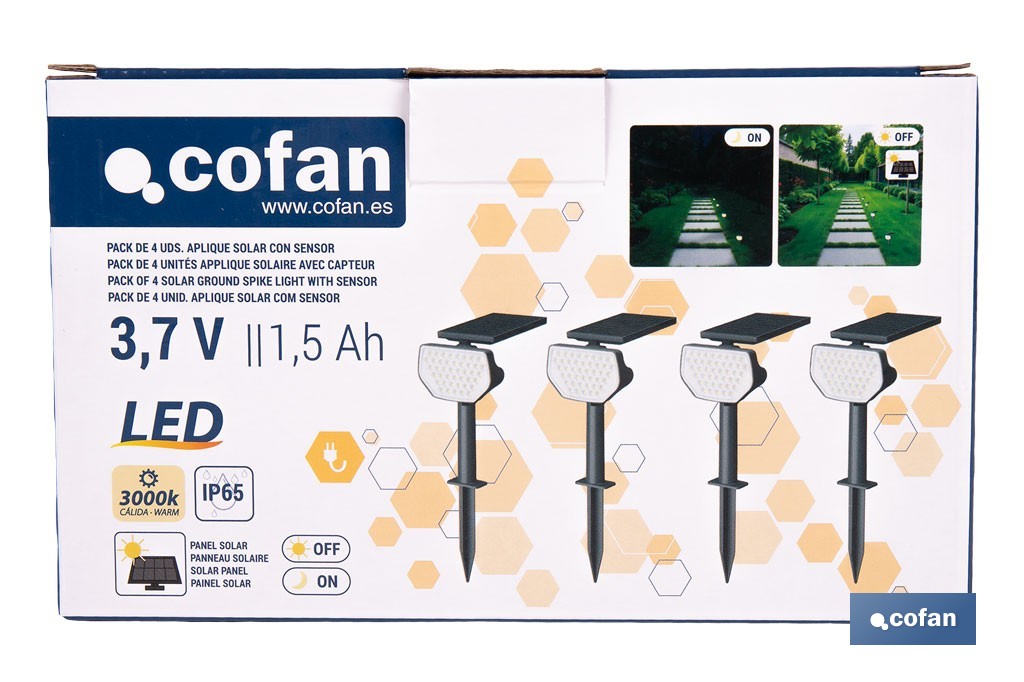 Pack de 4 apliques solares LED con sensor | Instalación en pared o suelo | Dos modos de iluminación | 3000 K, batería 3,7 V, 1500 mAh - Cofan