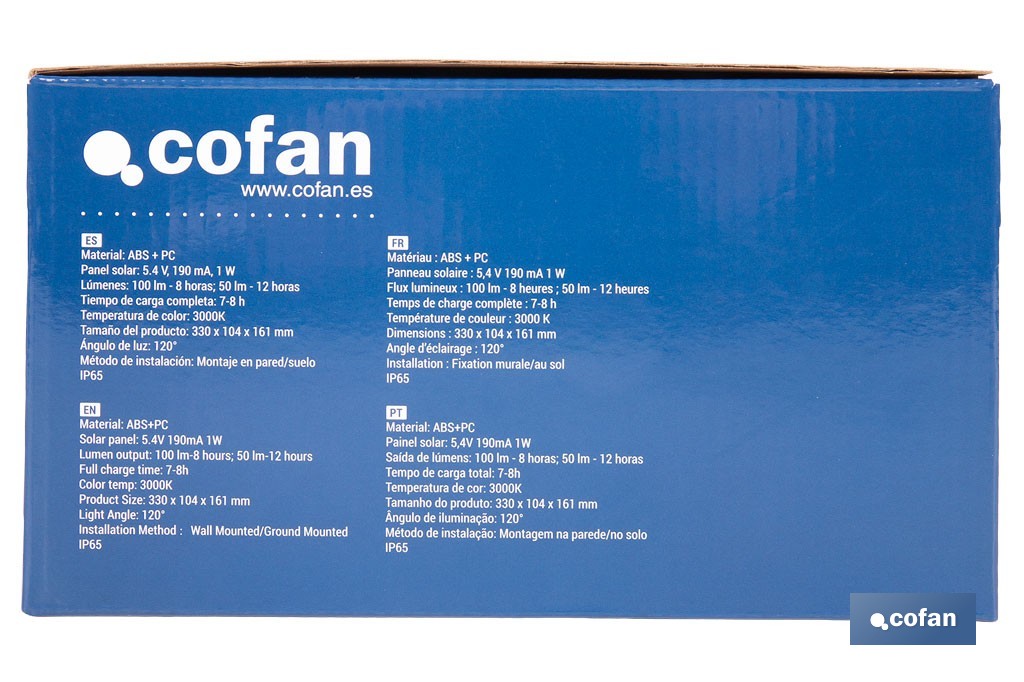 Pack de 4 apliques solares LED con sensor | Instalación en pared o suelo | Dos modos de iluminación | 3000 K, batería 3,7 V, 1500 mAh - Cofan
