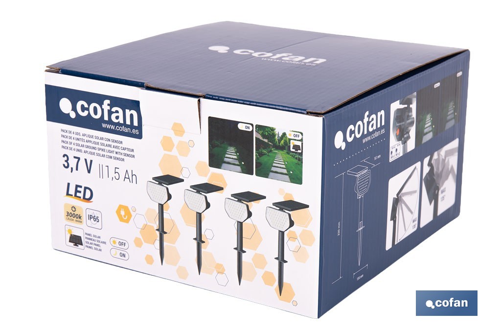 Pack de 4 apliques solares LED con sensor | Instalación en pared o suelo | Dos modos de iluminación | 3000 K, batería 3,7 V, 1500 mAh - Cofan