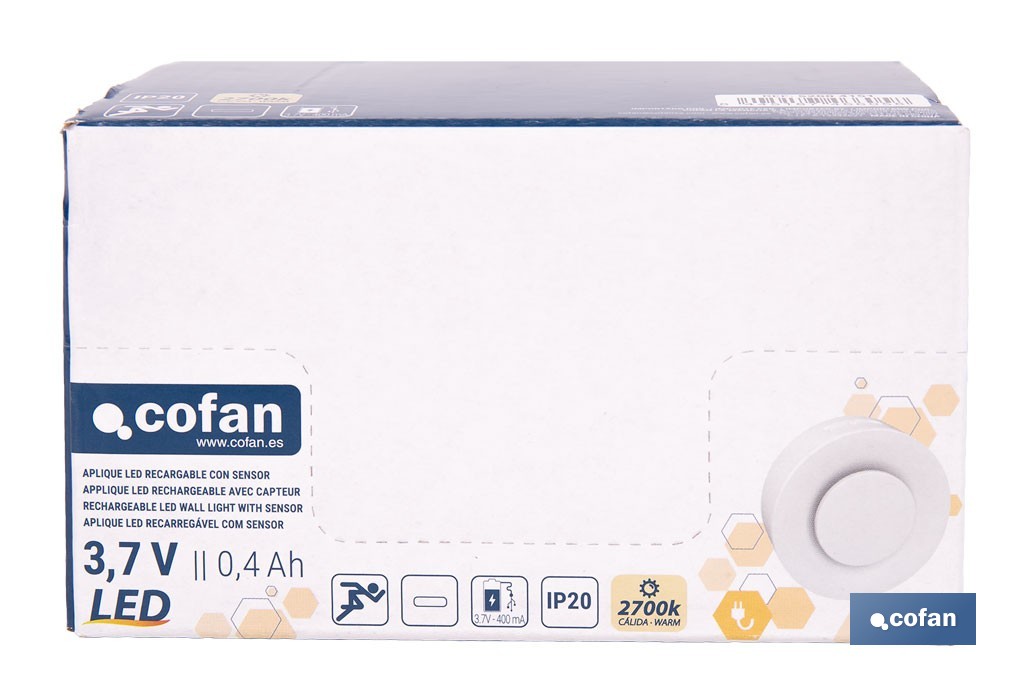 Aplique LED recargable con sensor de movimiento | Luz cálida 2700 K | Soporte adhesivo imantado - Cofan