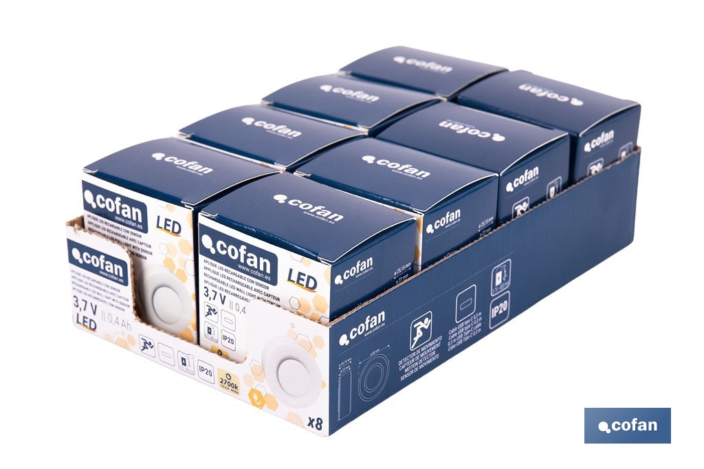 Aplique LED recargable con sensor de movimiento | Luz cálida 2700 K | Soporte adhesivo imantado - Cofan