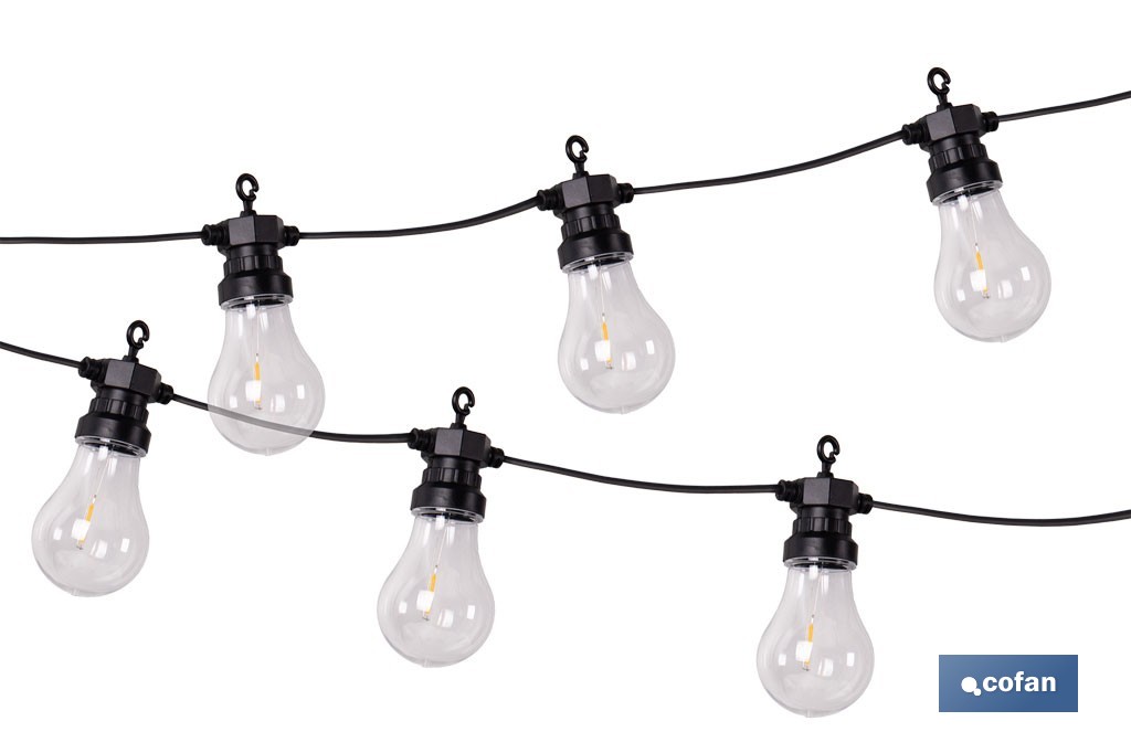 Guirnalda de bombillas LED solares | 10 bombillas A19 con panel solar | Luz cálida 3000 K, batería 120 mAh - Cofan