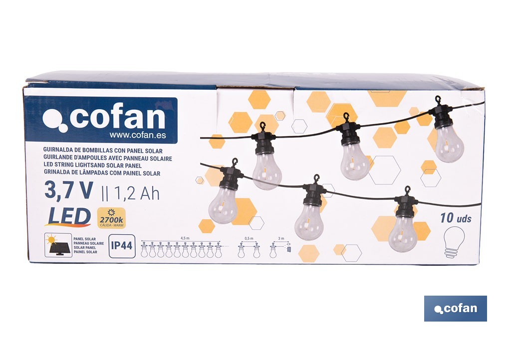 Guirnalda de bombillas LED solares | 10 bombillas A19 con panel solar | Luz cálida 3000 K, batería 120 mAh - Cofan