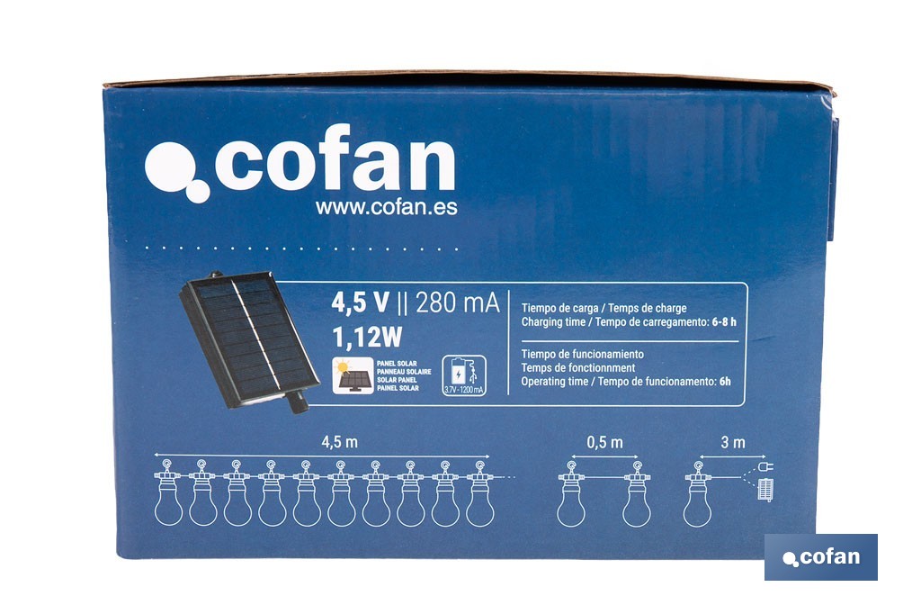 Guirnalda de bombillas LED solares | 10 bombillas A19 con panel solar | Luz cálida 3000 K, batería 120 mAh - Cofan