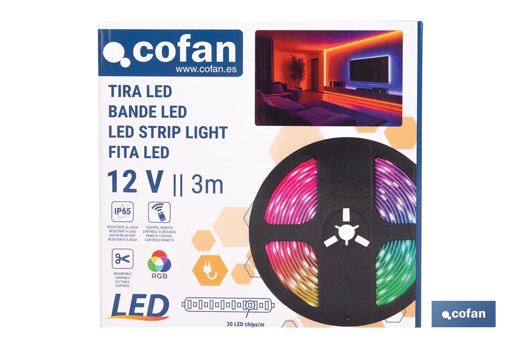 Tira de luz LED con mando a distancia | Iluminación LED RGB 12 V, IP65 con controlador y adaptador | Longitud: 3 metros - Cofan
