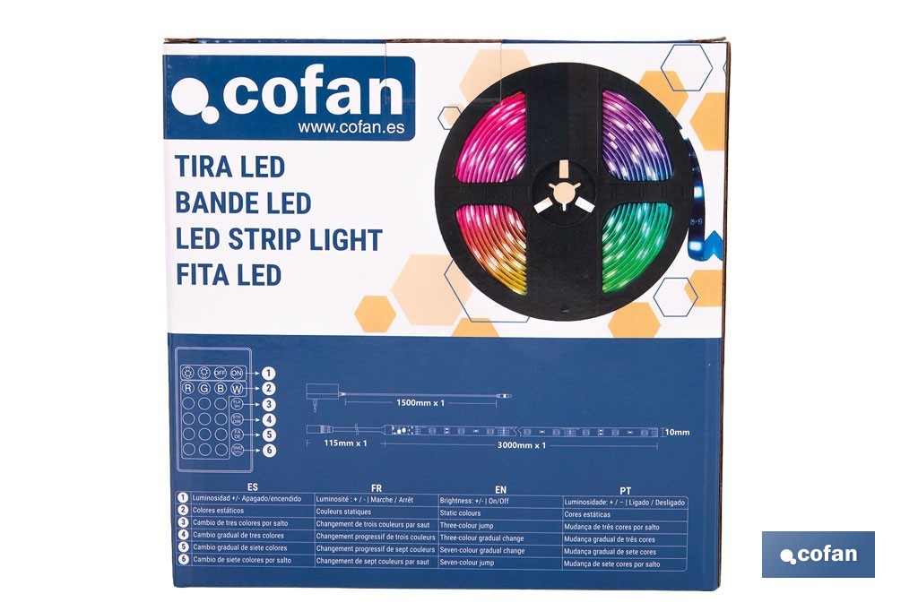 Tira de luz LED con mando a distancia | Iluminación LED RGB 12 V, IP65 con controlador y adaptador | Longitud: 3 metros - Cofan