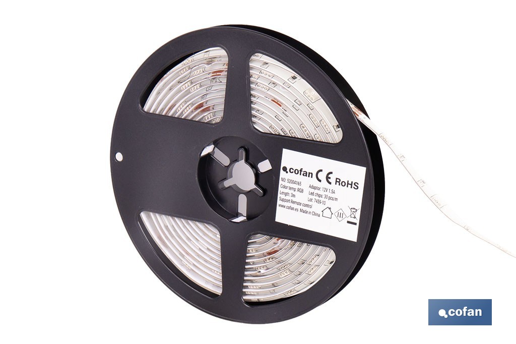 Tira de luz LED con mando a distancia | Iluminación LED RGB 12 V, IP65 con controlador y adaptador | Longitud: 3 metros - Cofan