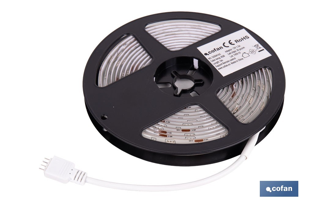 Tira de luz LED con mando a distancia | Iluminación LED RGB 12 V, IP65 con controlador y adaptador | Longitud: 3 metros - Cofan