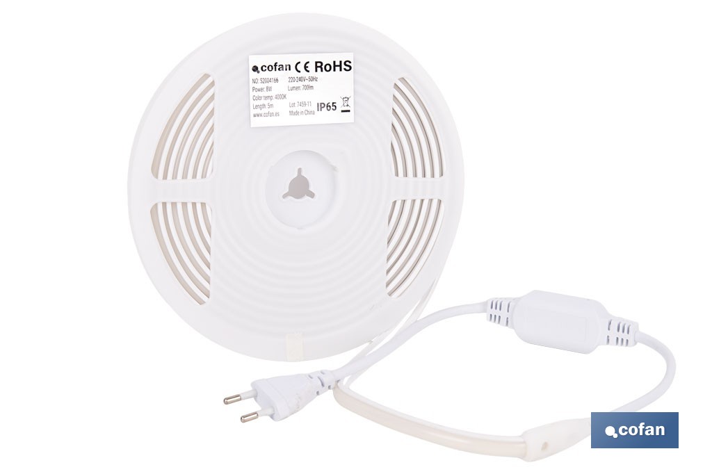Tira de luz LED neón COB | Impermeable IP65, 8 W, 4000 K, 700 lúmenes | Longitud: 5 metros - Cofan