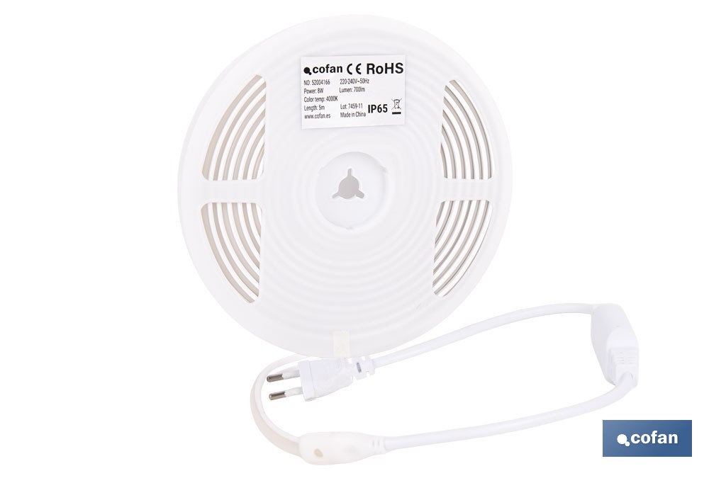 Tira de luz LED neón COB | Impermeable IP65, 8 W, 4000 K, 700 lúmenes | Longitud: 5 metros - Cofan