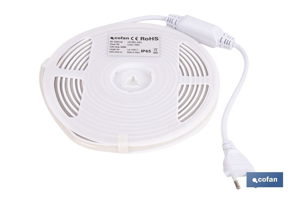 Tira de luz LED neón COB | Impermeable IP65, 8 W, 4000 K, 700 lúmenes | Longitud: 5 metros - Cofan