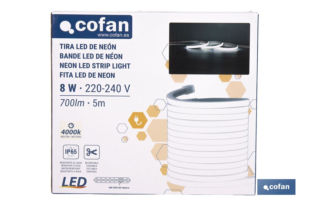 Tira de luz LED neón COB | Impermeable IP65, 8 W, 4000 K, 700 lúmenes | Longitud: 5 metros - Cofan