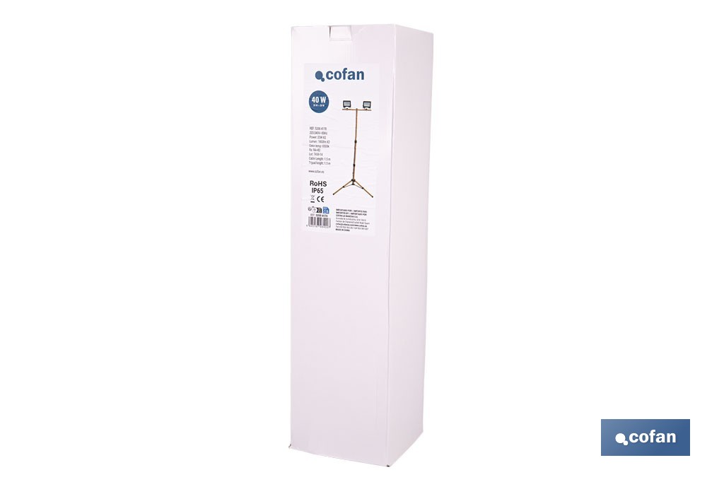 Trípode telescópico con 2 proyectores LED | 20 W, 3600 lm, protección IP65 | Cable de 1,5 con enchufe europeo - Cofan