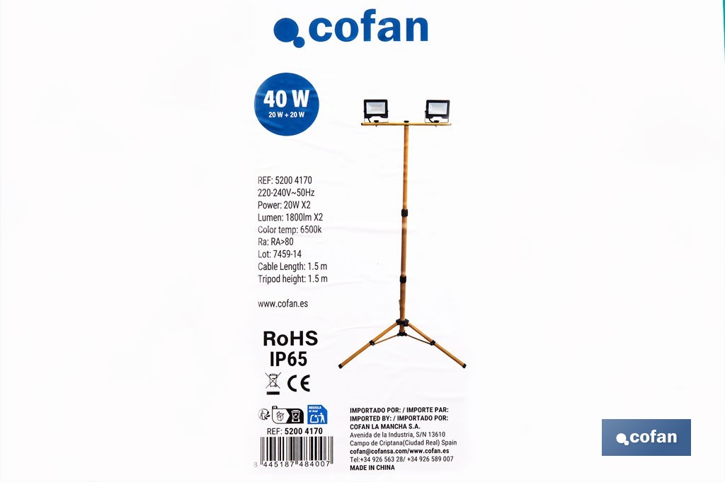 Trípode telescópico con 2 proyectores LED | 20 W, 3600 lm, protección IP65 | Cable de 1,5 con enchufe europeo - Cofan