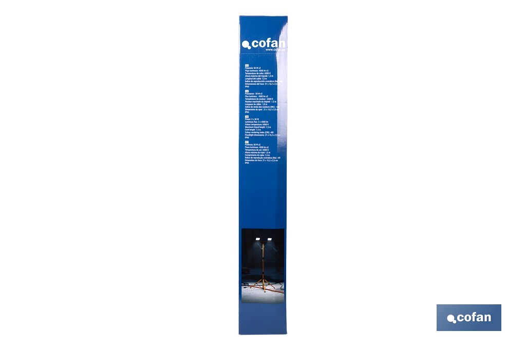 Trípode telescópico con 2 proyectores LED | Altura máxima 1,75 m, 50 W, 4500 lm, protección IP65 | Cable de 1,9 m con enchufe europeo - Cofan