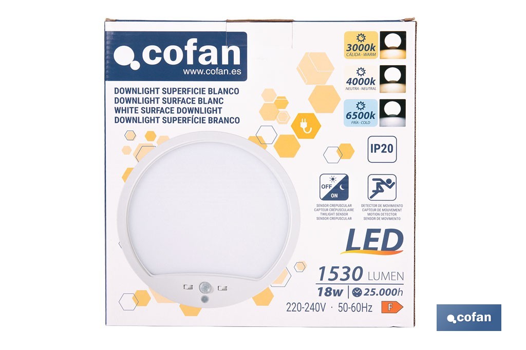 Downlight de superficie 18 W redondo | Sensor de presencia y crepuscular | Diámetro: 230 mm - Cofan