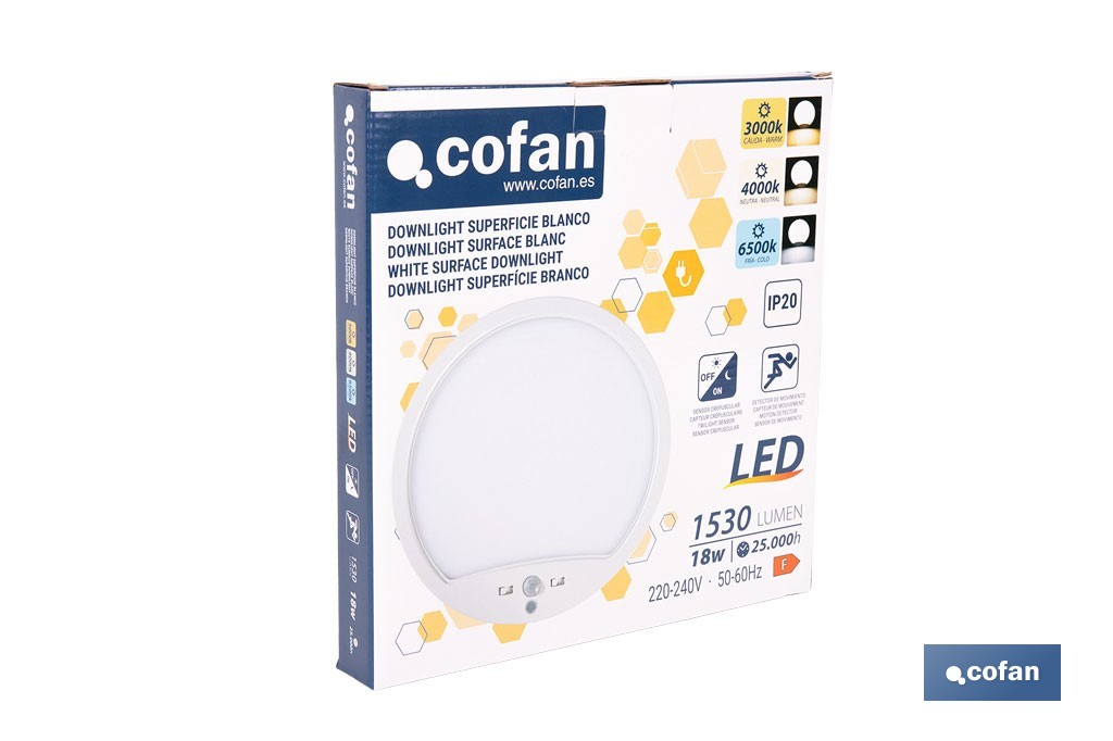 Downlight de superficie 18 W redondo | Sensor de presencia y crepuscular | Diámetro: 230 mm - Cofan
