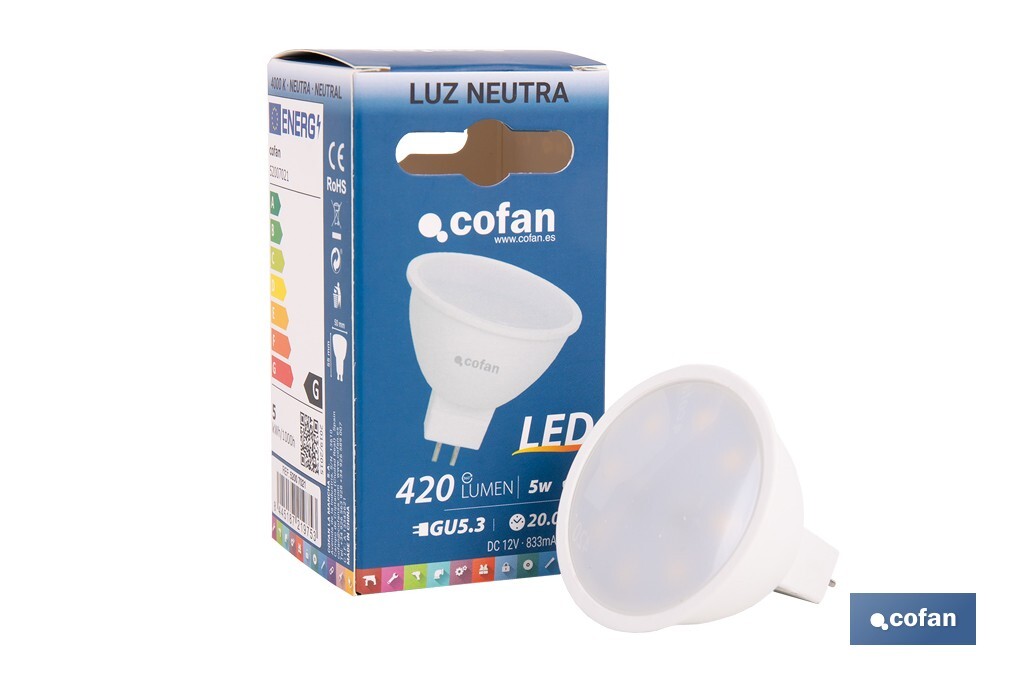 Lámpara LED COB GU-5.3 5W | 4000 K Luz Neutra | 420 lúmenes | Ángulo de 110° | 12V DC | Ahorro Energético del 90% | +50.000 Encendidos | 20.000h de Vida - Cofan