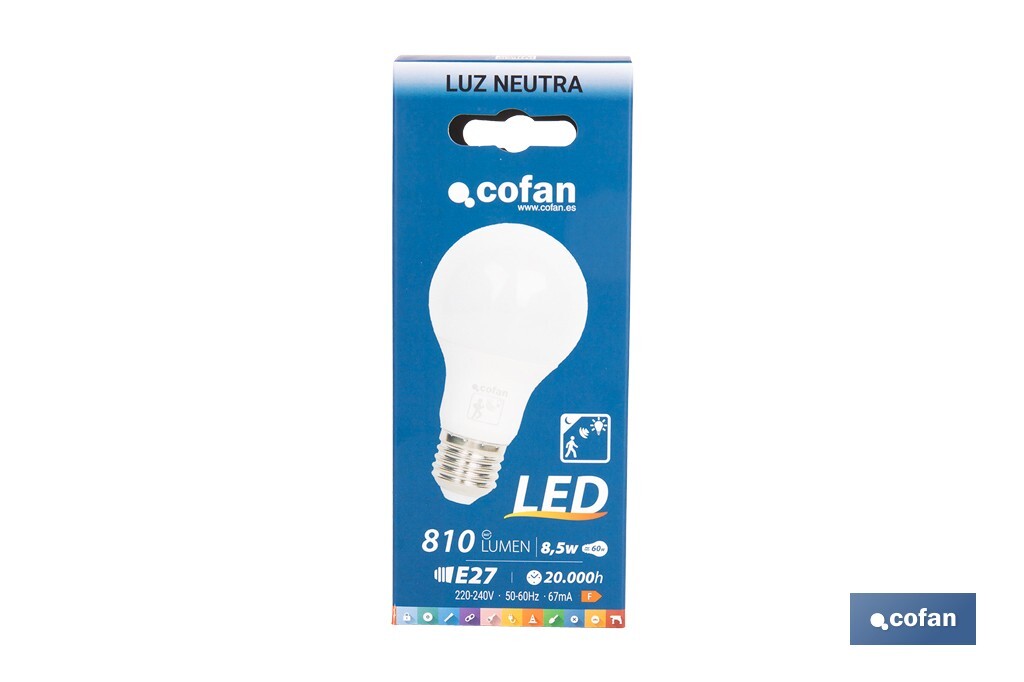 Bombilla Clásica LED con Sensor de Presencia E27 | 8,5 W - 810 lúmenes | 4000 K - luz neutra | Detección 240° <6 m | Ahorro Energético 90% | 25.000 h de Vida - Cofan