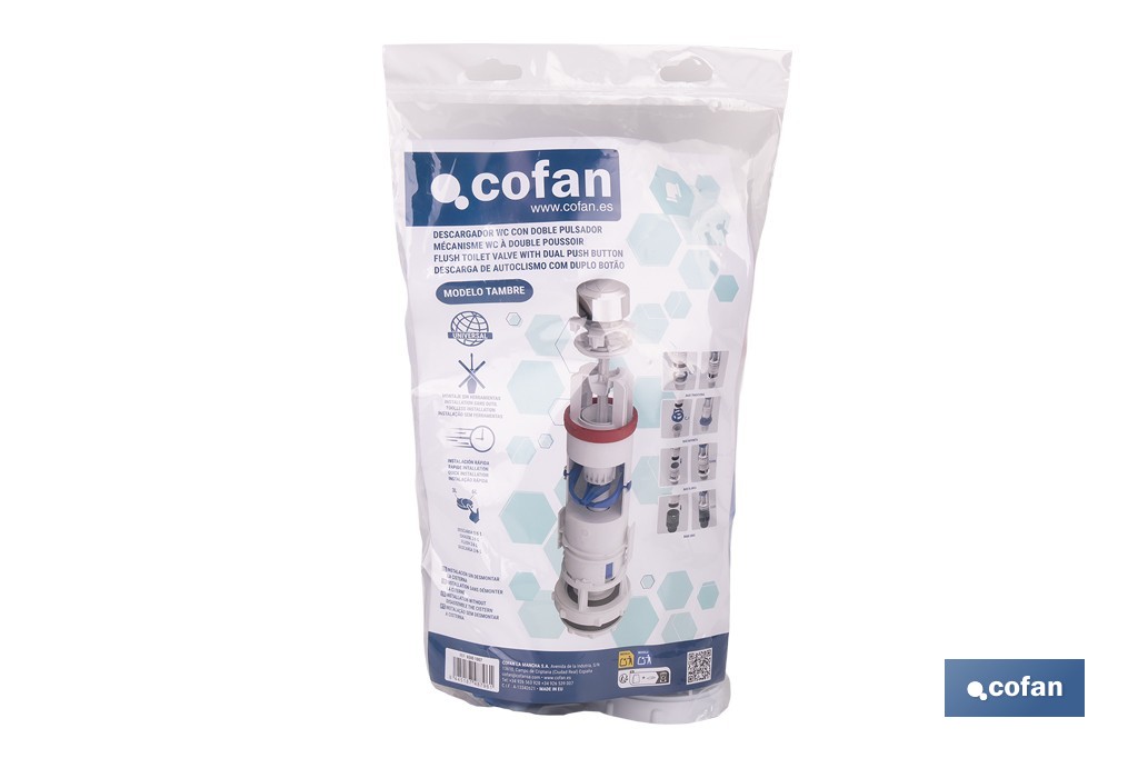 Descargador para WC con doble pulsador modelo Tambre | Mecanismo universal con descarga de 3 y 6 litros | Sistema antical y base roscada - Cofan