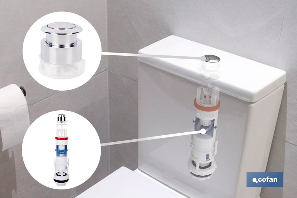 Descargador para WC con doble pulsador modelo Tambre | Mecanismo universal con descarga de 3 y 6 litros | Sistema antical y base roscada - Cofan