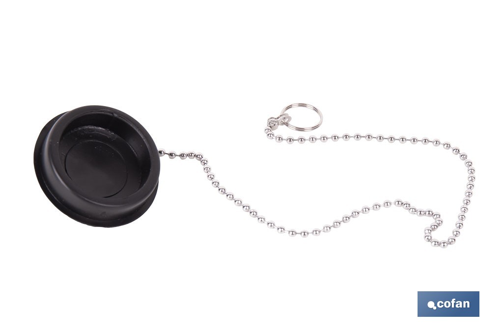 Tapón de drenaje con cadena y dos anillas | Tapón de PVC negro y cadena de acero inox. | Disponible en varias medidas - Cofan
